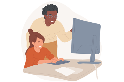 Graphic of student sitting at a desk on a computer and teacher standing behind pointing at the computer
