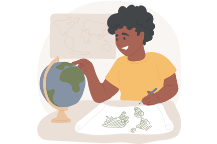 Graphic of student pointing at globe and drawing a map
