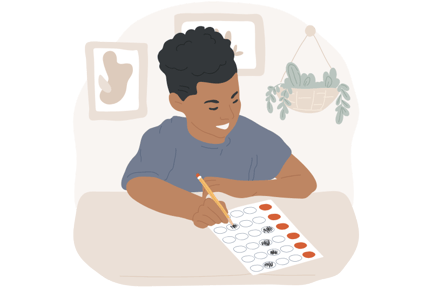 Graphic of a student sitting at a desk bubbling in answers on a test