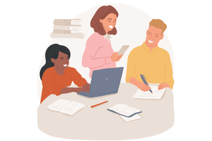 Teacher with students at desk using paper and a laptop